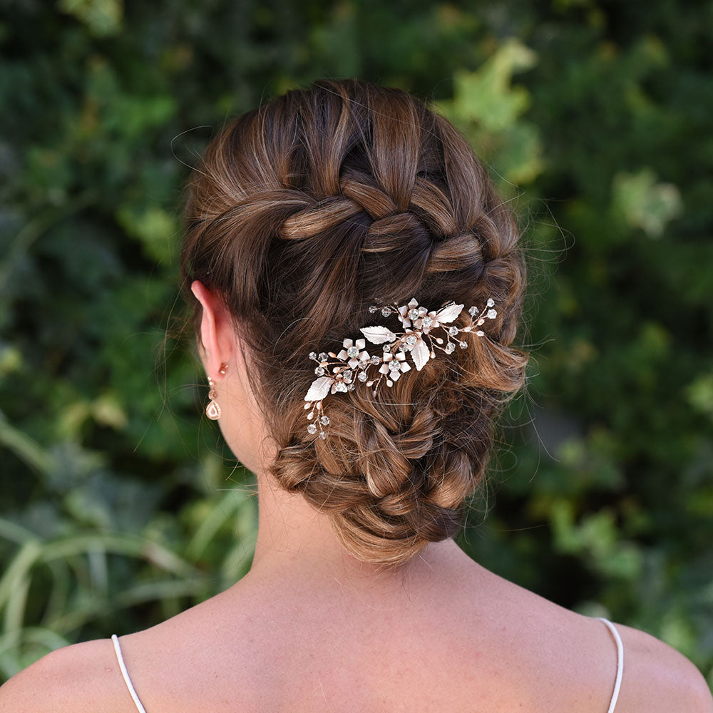 Meadowsweet rose gold enamelled blossoms and leaves hair clip