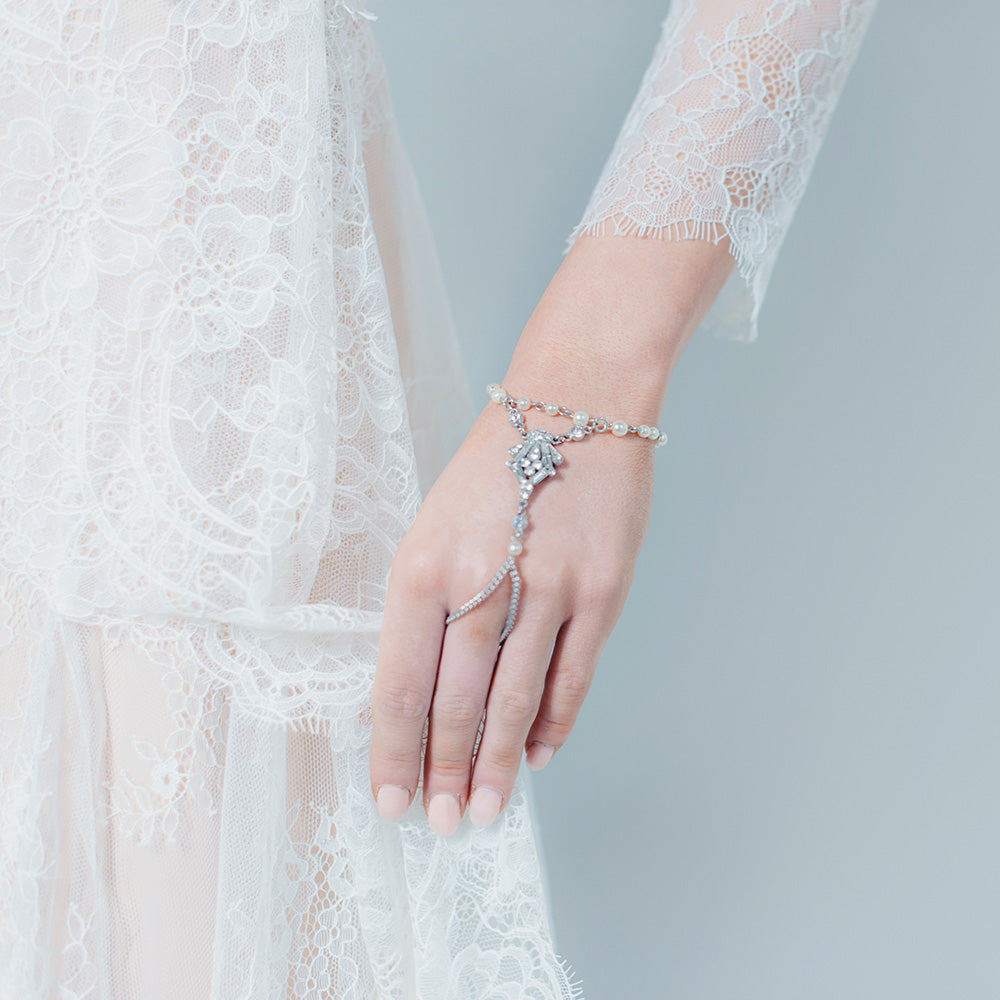 Art Deco pearl and crystal bridal bracelet with finger loop Ben