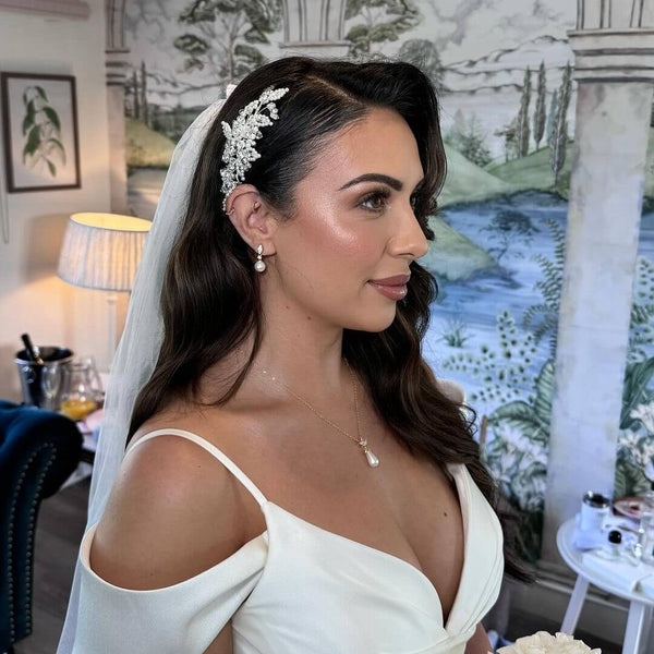 Charlene wore the Fleurette navette teardrop pearl necklace (Silver) by Aria. Photography by Polly - Essex Make up Artist.