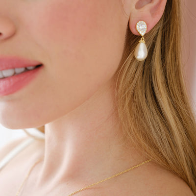 Ambrosia CZ and teardrop pearl earrings (gold) - Liberty in Love