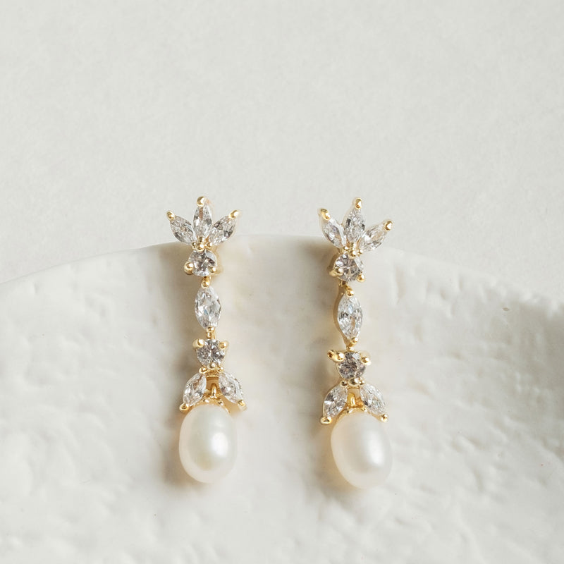 Angelica CZ floral teardrop pearl earrings (gold) - Liberty in Love