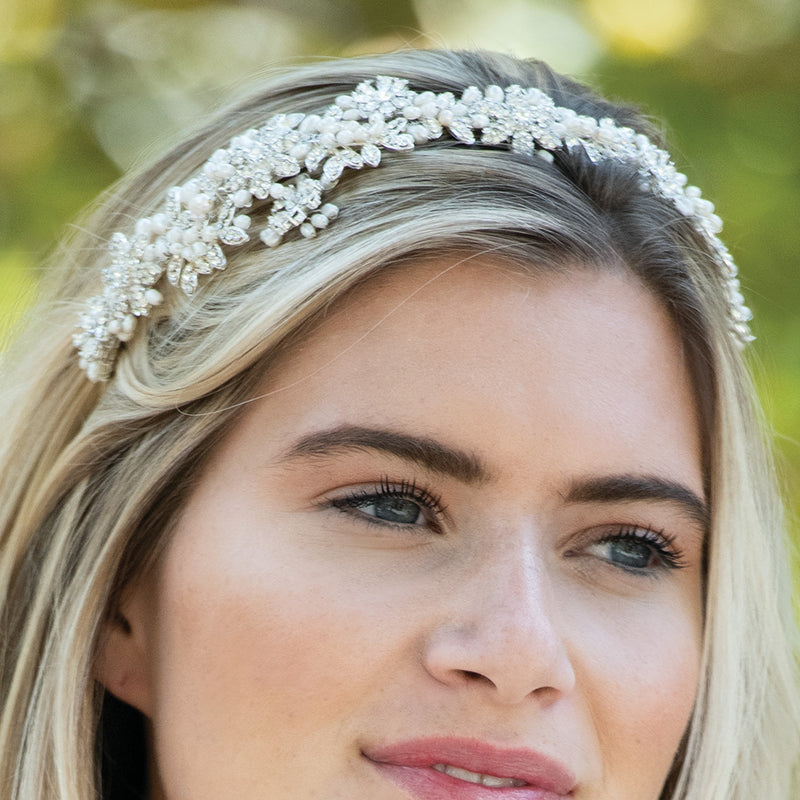 Blanche silver crystal and pearl flower cluster headpiece - Liberty in Love
