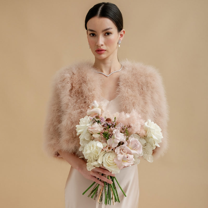 Champagne blush cropped feather bridal jacket - Liberty in Love