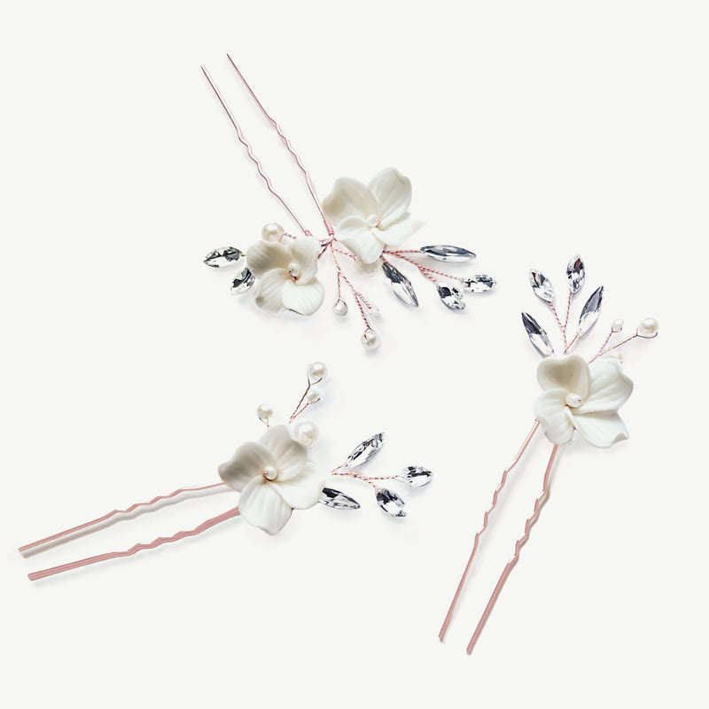 Floret rose gold crystal pearl flower hair pins (set of 3) - Liberty in Love