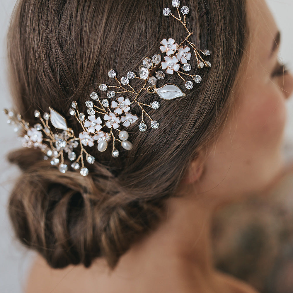 Enamelled blossoms and leaves bohemian gold hair vine | Alessia ...