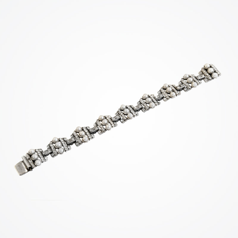 White pearl encrusted symmetrical deco buckle link bracelet (BL4001) - Liberty in Love