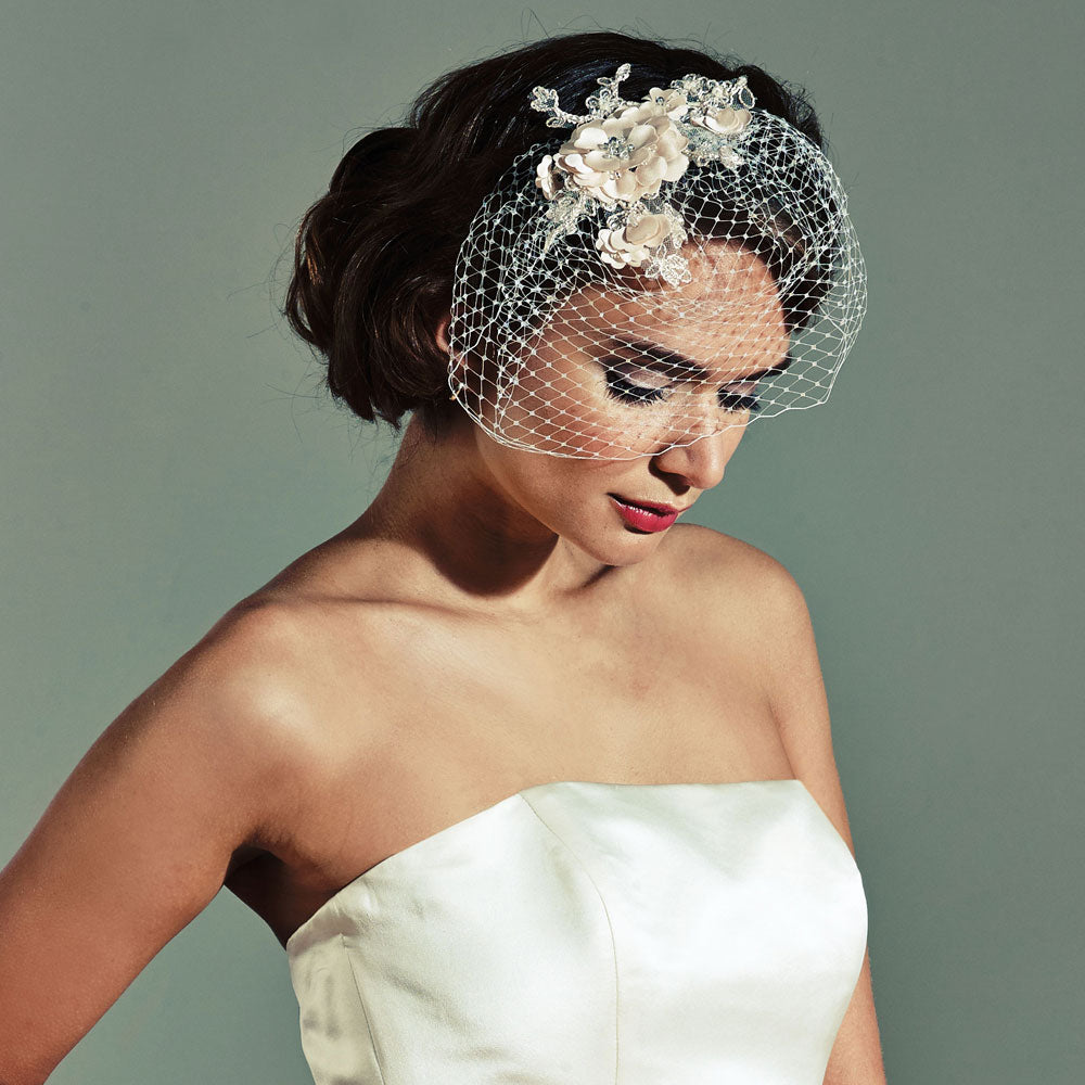 Vintage Floral Embellished Short Birdcage Veil Headband 