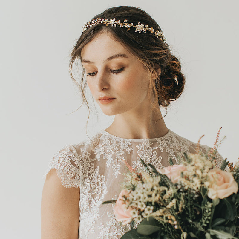 Philomena blossoms and leaves gilded headpiece - Liberty in Love